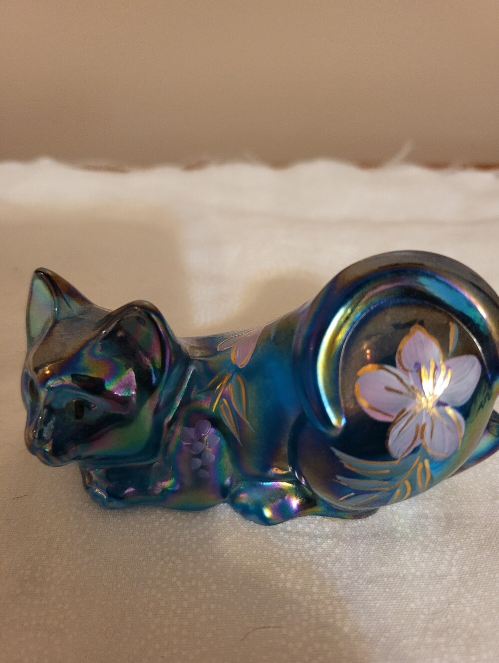 Fenton Iridescent Blue Cat Figurine with Hand-Painted Floral Detail